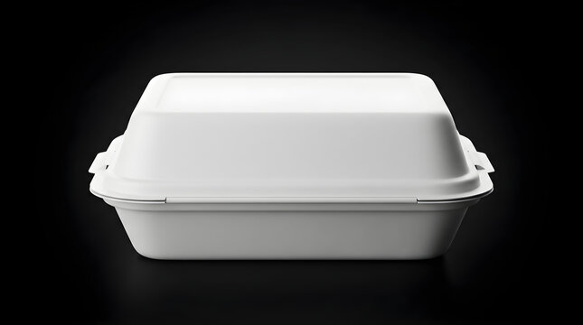 Closed White Styrofoam Takeaway Food Container Isolated Against A Plain Black Background For Commercial Product Mockup