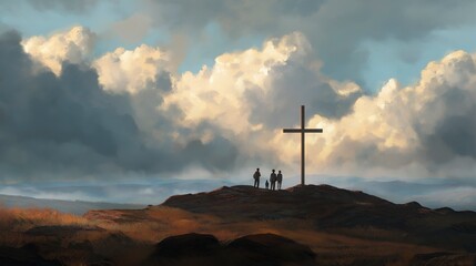 Obraz premium Three people stand before the cross in quiet reflection, contemplating Christ’s sacrifice and the hope of redemption as light shines beyond the cross into the world.