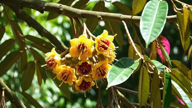 Close-up of vibrant yellow durian flowers in full bloom on a tree branch with lush green foliage.
