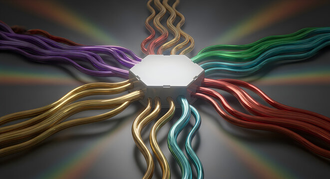 Abstract hexagonal connection point with colorful flowing cables 3d render