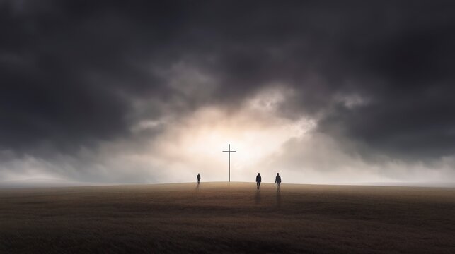 Three people stand before the cross in quiet reflection, contemplating Christ&rsquo;s sacrifice and the hope of redemption as light shines beyond the cross into the world.