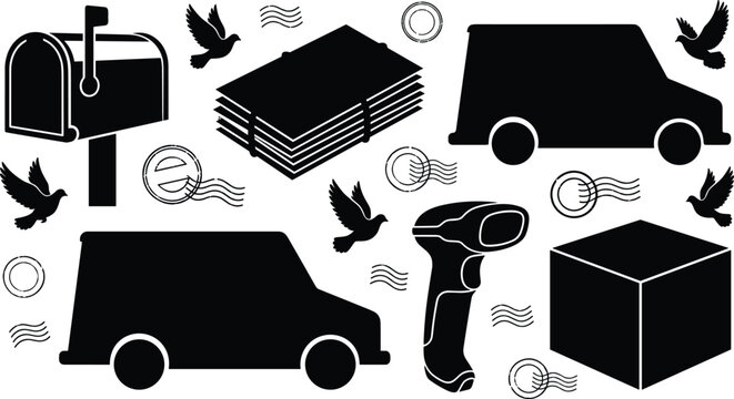 Postal service and mail delivery logistics vector icon set with black silhouettes of delivery truck mailbox letters stack box scanner postmark stamps doves
