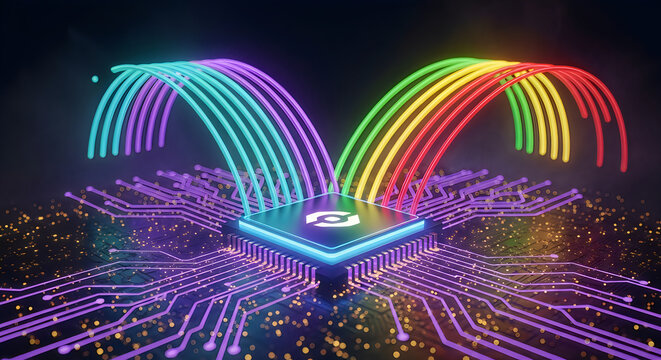 Abstract neural network visualization vibrant data streams over circuit board processor
