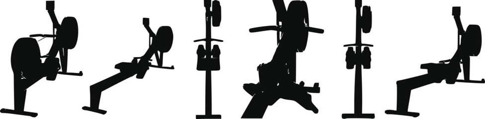 Black silhouettes of indoor rowing machines isolated on a white background isolated on white background © all silhouette