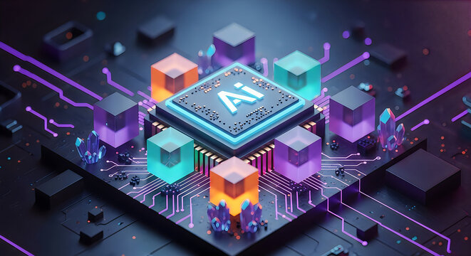 Artificial intelligence circuit board futuristic tech with crystals and neon lighting