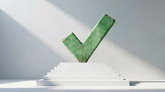 Large green checkmark standing above white steps on a clean gray background represents approved results quality control completed tasks and measurable success