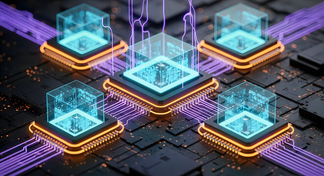 Advanced computer chip architecture isometric view of processing units and data flow