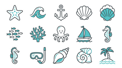 Fototapeta premium Elegant Minimalist Line Art Collection of Ocean Themed Icons with Teal Accents and White with high quality professional line art symbols for modern creative design and digital branding projects