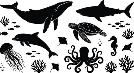 Sea life and ocean animals vector silhouette set featuring humpback whale, shark, dolphin, sea turtle, octopus, jellyfish, seahorse, stingray, and coral reefs. © Rakib