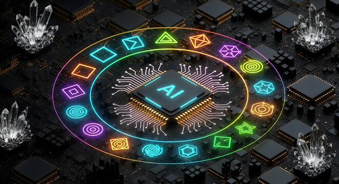 Artificial intelligence circuit board with crystals futuristic tech and data processing visualization