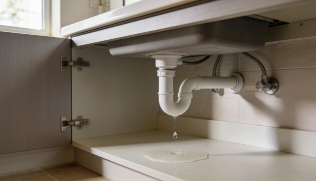 Leaking white plastic p-trap pipe dripping water into puddle inside kitchen cabinet under sink home repair maintenance