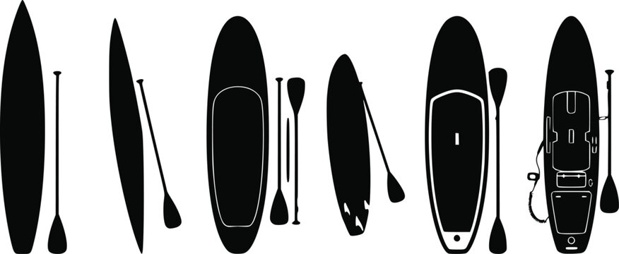 Black silhouette icons of stand up paddle boards with paddles isolated on white background isolated on white background