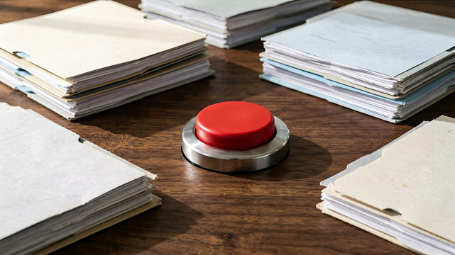 Large red push button placed among papers and office folders creates a clear concept for urgent decisions workflow control approval and immediate business action