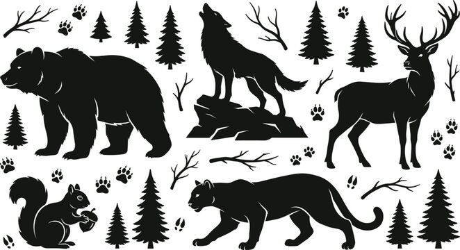 Wild forest animals and wilderness nature vector icon set with black silhouettes of bear wolf deer cougar squirrel pine trees branches animal tracks paw prints