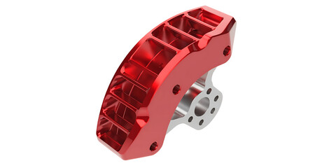 Obraz premium Red anodized monoblock brake caliper isolated on transparent background for racing vehicles