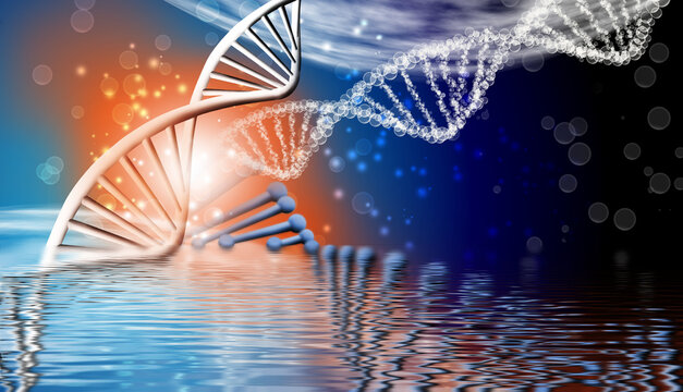 DNA strands reflect in water with bright colors and bubbles during a scientific concept illustration