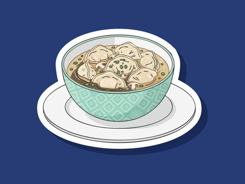 Modern vector illustration of dumpling soup in a bowl food isolated on white background with clean lines and flat colors. Perfect for restaurant menus and stickers design
