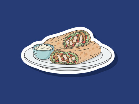 Modern vector illustration of shawarma wrap on a plate food isolated on white background with clean lines and flat colors. Perfect for restaurant menus and stickers design
