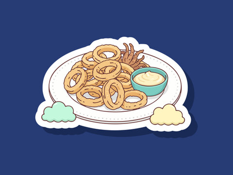 Modern vector illustration of fried calamari on a plate food isolated on white background with clean lines and flat colors. Perfect for restaurant menus and stickers design
