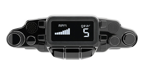 Obraz premium Digital F1 steering wheel display with RPM and gear indicator isolated on transparent background