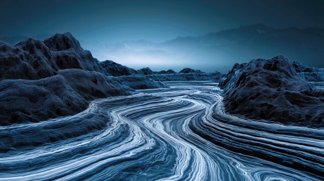 Blue Textured River Landscape Abstract Background for Atmospheric Wall Art.

