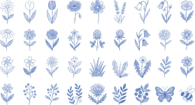 Wildflower Daisy Tulip Lavender Botanical Flowers Leaves Butterfly Bee Collection with Pixel Halftone Pattern Vector