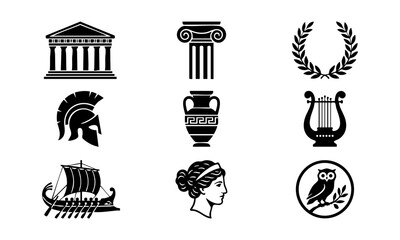 Naklejka premium Ancient Greece icon set with Parthenon helmet, trireme and laurel for history mythology education