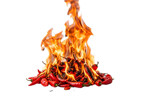 Vibrant red chili peppers engulfed in intense bright orange flames creating a spicy culinary visual concept with smoke and heat effects captured in high resolution isolated on transparent background.