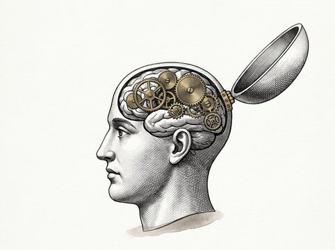 Vintage engraving of human head opening to reveal brass gears