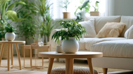 Fototapeta premium Out-of-focus living room shows plants, a sofa, and tables.