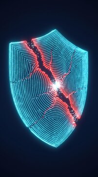 3D render cyan particle shield cracked with red fracture lines