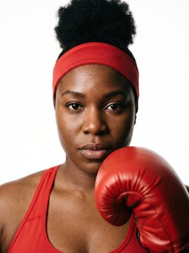 Woman boxer close-up portrait with red glove raised on white background