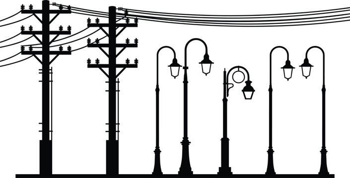 Black and white of a streetlight and traffic lights street lamp overhead wires