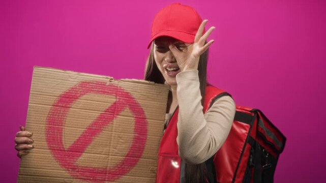Woman courier holds cardboard sign with a prohibition symbol while hand forms ok sign at eye in studio; protest defiance.