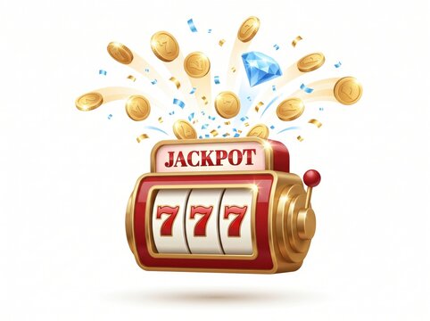 Slot machine showing 777 winning JACKPOT with coins and confetti