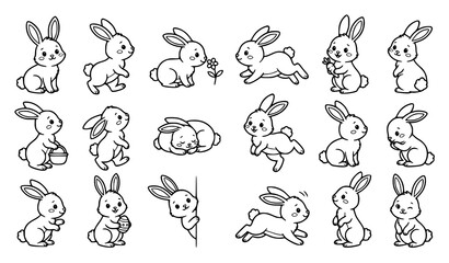 Cute cartoon rabbit profile vector set with upright ears in black and white line art © Liton