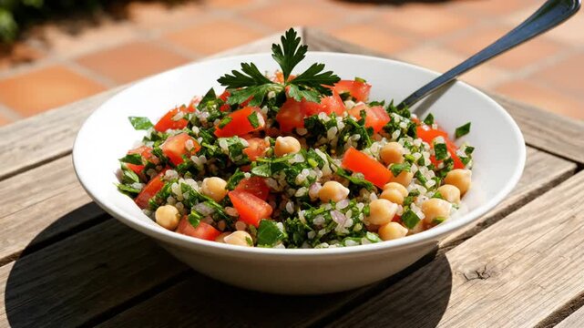Delicious and Healthy Tabbouleh Salad in a White Bowl with Chickpeas, Parsley, and Tomatoes on a Wooden Table
