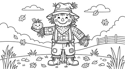 Fototapeta premium Halloween scarecrow with pumpkin black and white coloring page for kids