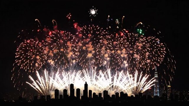 Spectacular Fireworks Display Over City Skyline at Night Showcasing Colorful Bursting Explosions and Celebratory Visuals