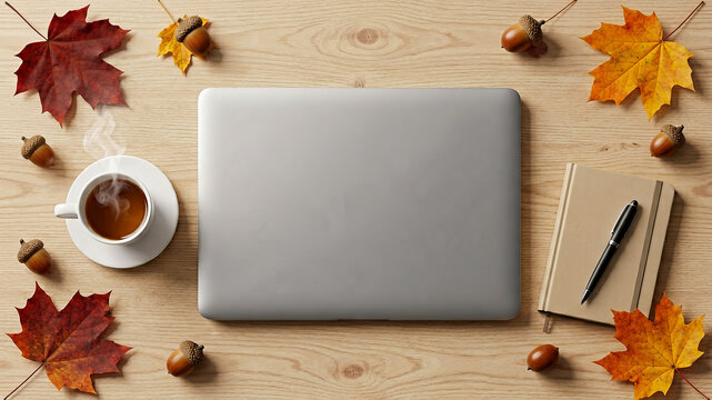Closed silver laptop surrounded by autumn leaves coffee and small desk objects on beige background forms a warm overhead scene for seasonal remote work branding