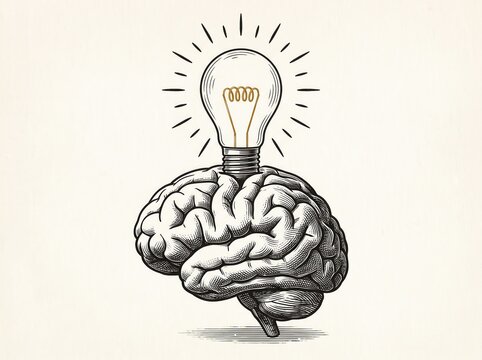 Brain with glowing lightbulb overhead in engraving illustration