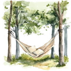 Hammock Hanging Between Trees, beautiful watercolor illustration, isolated on a white background, soft and delicate colors. © teralis