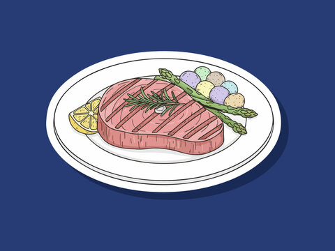 Appetizing flat vector of grilled tuna steak on a serving plate food isolated on clean background with modern and minimal style. Ideal for menus, packaging, branding, and digital food illustration ass
