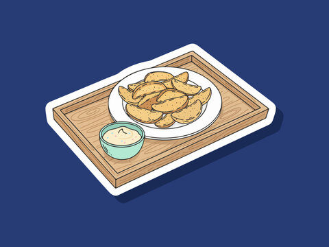 Appetizing flat vector of potato wedges on a tray food isolated on clean background with modern and minimal style. Ideal for menus, packaging, branding, and digital food illustration assets.
