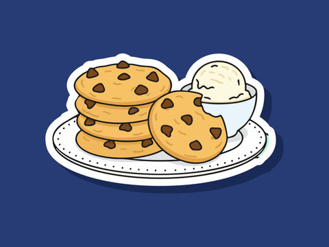 Appetizing flat vector of chocolate chip cookies on a plate food isolated on clean background with modern and minimal style. Ideal for menus, packaging, branding, and digital food illustration assets.