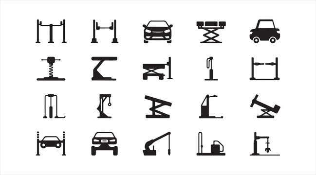 Minimal vehicle lift and automotive hoist icon collection featuring hydraulic car lifts, workshop platforms and garage service equipment in clean black vector style.