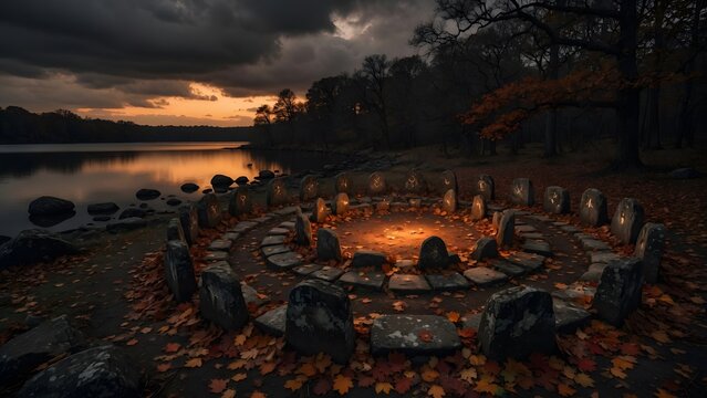 Subject: Autumn landscape with colorful leaves surrounding ritual-like stone circles beside a lake at sunset, Environment: ancient lakeside stones, dark woodland perimeter, still water and heavy proph