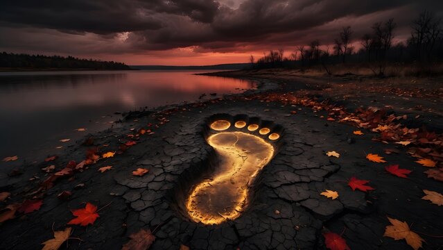 Subject: Autumn landscape with colorful leaves scattered around a vast glowing footprint impressed into lakeside earth at sunset, Environment: remote shore, cracked muddy ground, silent lake surface, 