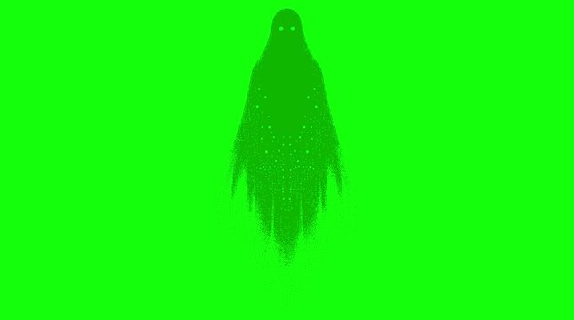 Floating Ghost Silhouette Green Screen | Creepy Phantom with Glowing Eyes Chroma Key Dissolving Spooky Specter Overlay (Green Screen Halloween Particle VFX) Animated Floating Wraith Silhouette 