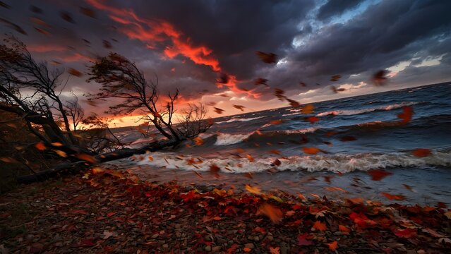 Subject: Autumn landscape with colorful leaves scattered across lakeside ground at sunset swept by a violent prophetic wind, Environment: exposed shore, bending dead trees, surging lake ripples and br